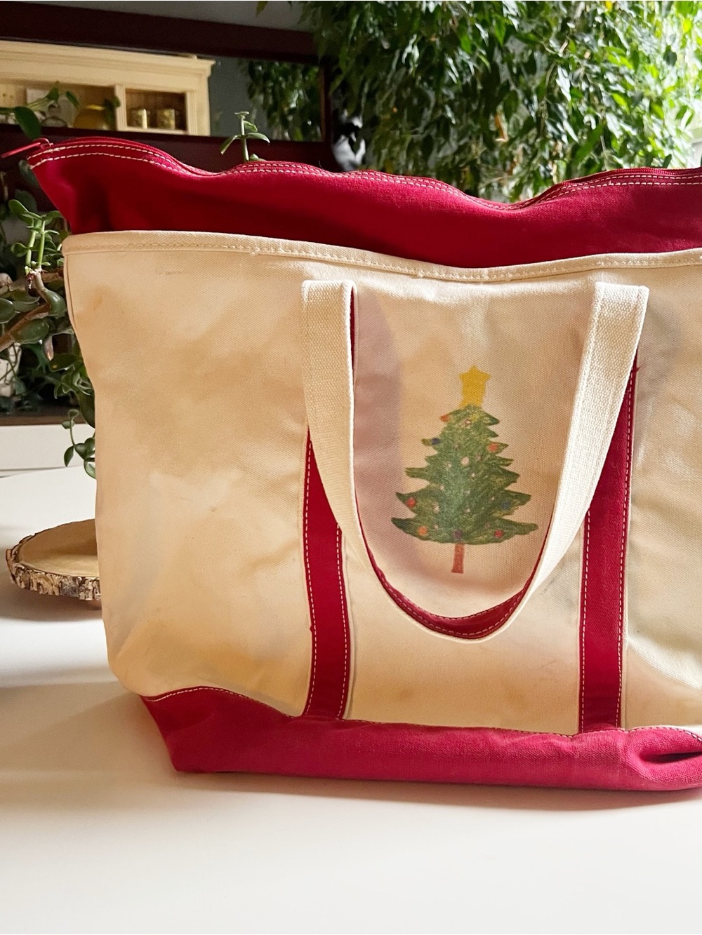 Lands End X-Large Christmas Tree Canvas Tote Cream & Red